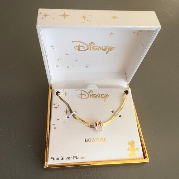 Disney Bowtiful Minnie Mouse Necklace Fine Silver Plated Bow Gold Tone - Picture 1 of 9